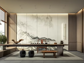 New Chinese Style Tea Room Tea Table and Chair Combination Background Wall Rolling Shutter Tea Set Low Stool Leisure Chair 3d model