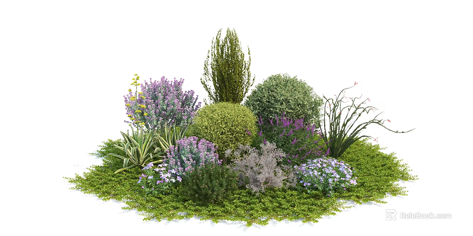 Variety of Garden Shrubs With Purple Flowers Green Spherical Shapes And Lush Grass 3d model 