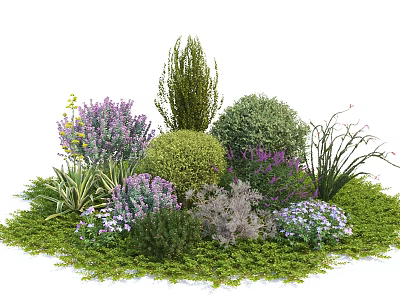 Variety of Garden Shrubs With Purple Flowers Green Spherical Shapes And Lush Grass 3d model