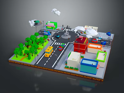 Modern City Street Model Featuring Crossroads Colorful Buildings Vehicles Trees And Lamp Posts 3d model