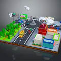 Modern City Street Model Featuring Crossroads Colorful Buildings Vehicles Trees And Lamp Posts