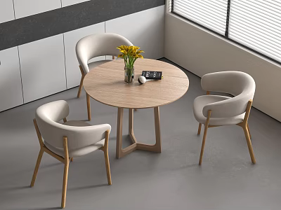 Modern Round Wooden Dining Table With Light Upholstered Armchairs And Yellow Flower Vase 3d model