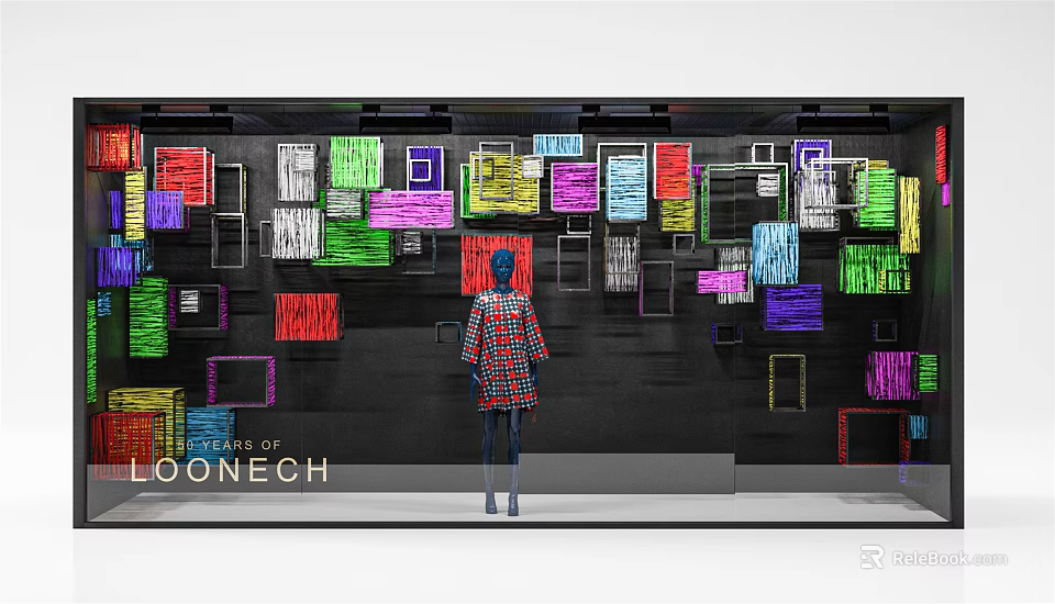 LOONECH Window Display With Colorful Frames Black Wall And Plaid Coat Mannequin 3d model 