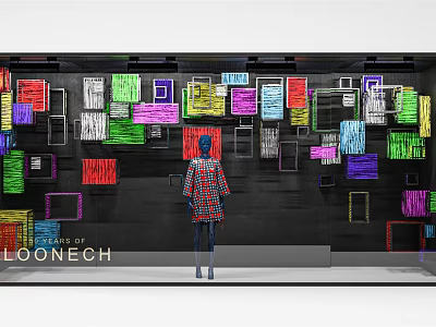 LOONECH Window Display With Colorful Frames Black Wall And Plaid Coat Mannequin 3d model