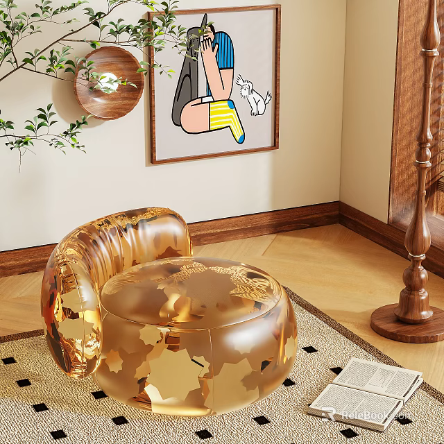 Glossy Golden Accent Chair In Modern Living Space With Wooden Floor And Wall Art 3d model 