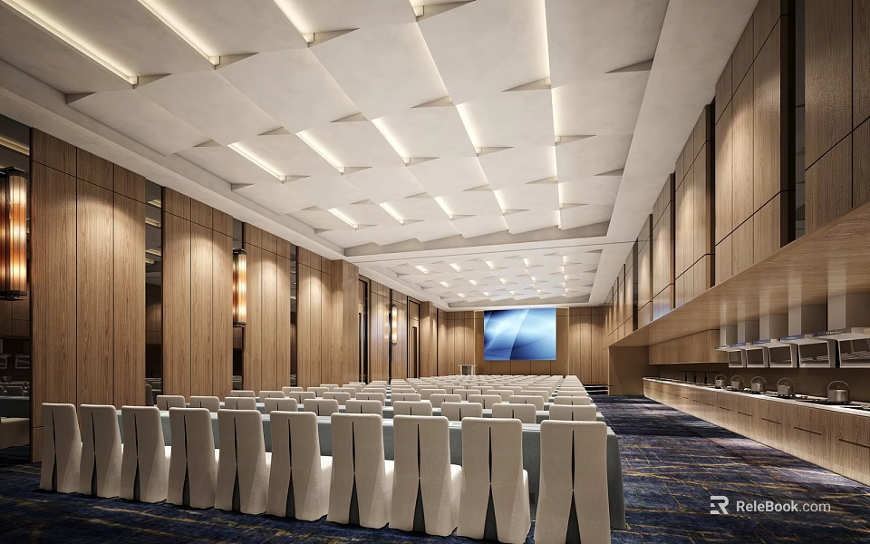 Modern Conference Room With Rows Of Chairs And Projector 3d model 