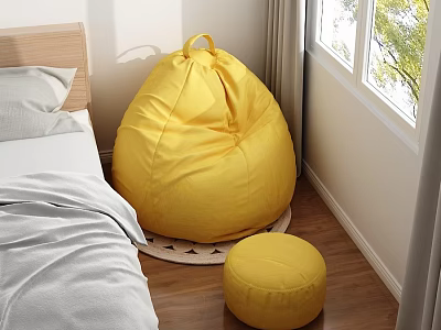 Yellow Bean Bag Chair With Matching Footstool In Bedroom Wooden Floor 3d model