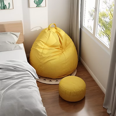 Yellow Bean Bag Chair With Matching Footstool In Bedroom Wooden Floor 3d model