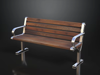 Wooden Bench With Metal Armrests And Legs On Black Reflective Background 3d model