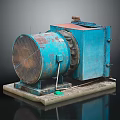 Old Blue Rusty Industrial Machine With Metal Grille And Concrete Base 3d model