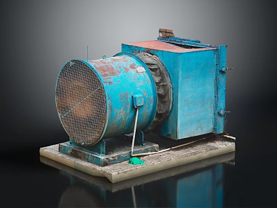 Old Blue Rusty Industrial Machine With Metal Grille And Concrete Base 3d model