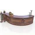 Classic Wooden Curved Reception Desk With Decorative Lamps And Office Accessories