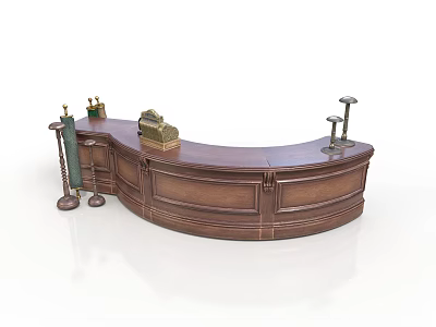 Classic Wooden Curved Reception Desk With Decorative Lamps And Office Accessories 3d model