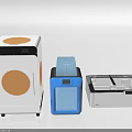 Technology Exhibition Hall Featuring Modern Tech Devices With White And Blue Design