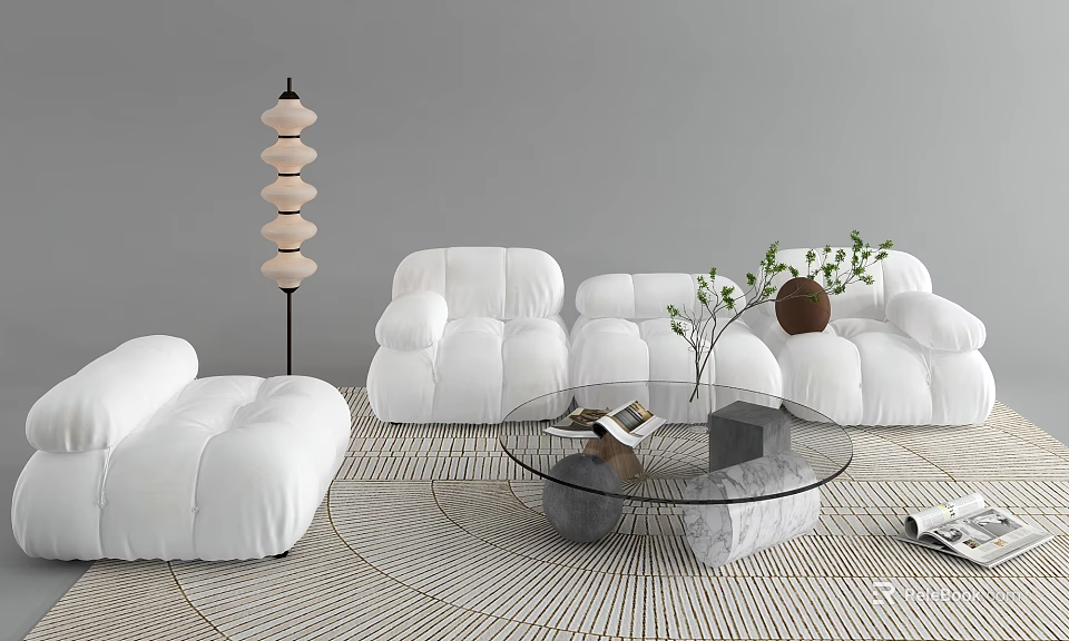 Modern White Sofa and Glass Coffee Table Set with Woven Rug and Floor Lamp 3d model 