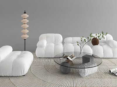 Modern White Sofa and Glass Coffee Table Set with Woven Rug and Floor Lamp 3d model