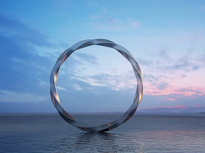 Circular Silver Sculpture Standing On Calm Water Surface Against Blue Sky With Sunset Clouds 3d model