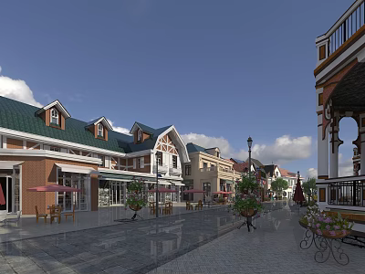 Charming European Style Commercial Street With Pedestrian Square Outdoor Seating And Flower Decorations 3d model