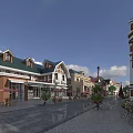 Charming European Style Commercial Street With Pedestrian Square Outdoor Seating And Flower Decorations