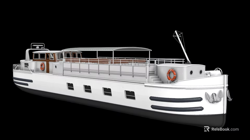 Classic White Yacht With Upper Deck Railing And Life Rings Side Windows 3d model 