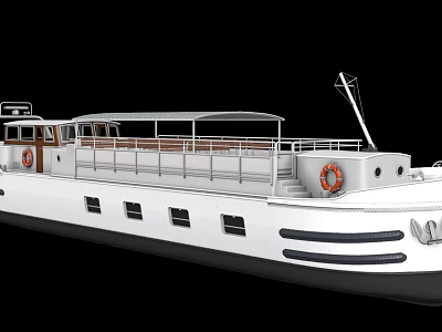 Classic White Yacht With Upper Deck Railing And Life Rings Side Windows 3d model