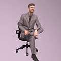 A man wearing a suit sitting on an office chair against a light purple background