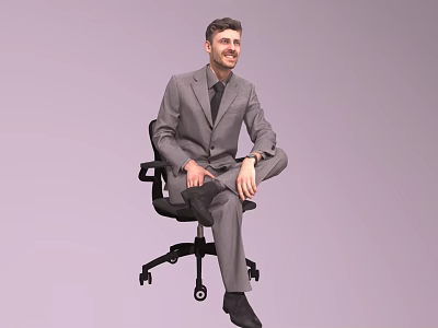 A man wearing a suit sitting on an office chair against a light purple background 3d model