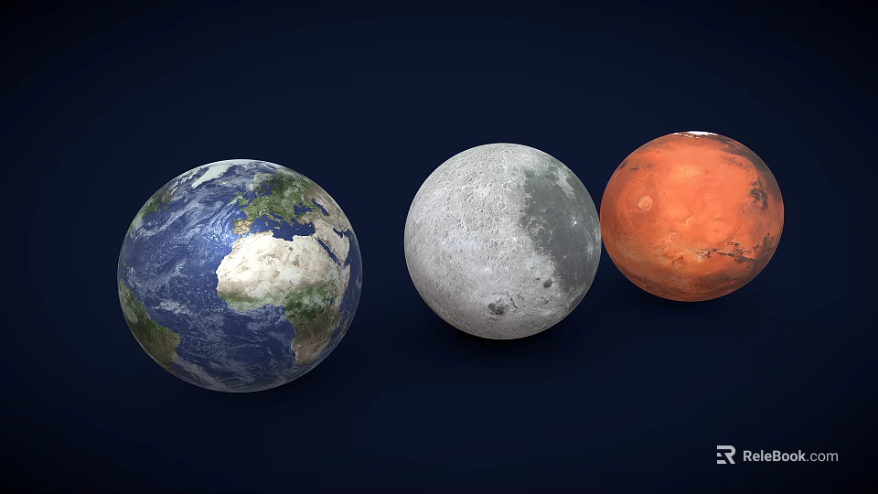 Earth Moon Mars Planets with Distinct Colors on Dark Blue Background 3d model