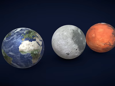 Earth Moon Mars Planets with Distinct Colors on Dark Blue Background 3d model Earth Moon Mars Planets with Distinct Colors on Dark Blue Background 3d model