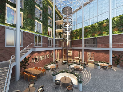 Modern Café With Glass Skylight Living Plant Walls Red Brick Spiral Staircase And Seating Areas 3d model