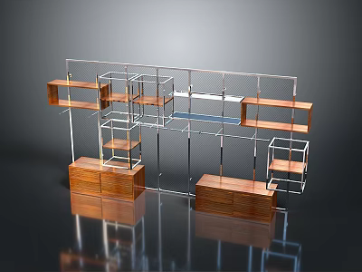 Modern Multi Tiered Shelf With Wooden Bases And Metal Grid Structure 3d model