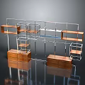 Modern Multi Tiered Shelf With Wooden Bases And Metal Grid Structure