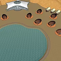 Seaside Beach With Circular Wooden Domes Modern Building And Blue Water Under Blue Sky