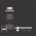 Red And White Lighthouse Scene With Dock Lifebuoy Lifeboat And Rocks