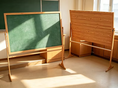 Classroom With Green Blackboard And Wooden Drawing Board Easels Near Window Cabinets In Sunlight 3d model
