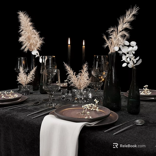 Elegant Dinnerware Set With Brown Plates Wine Glasses Candles And Decorative Plants On Black Tablecloth 3d model 