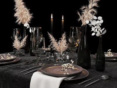 Elegant Dinnerware Set With Brown Plates Wine Glasses Candles And Decorative Plants On Black Tablecloth 3d model