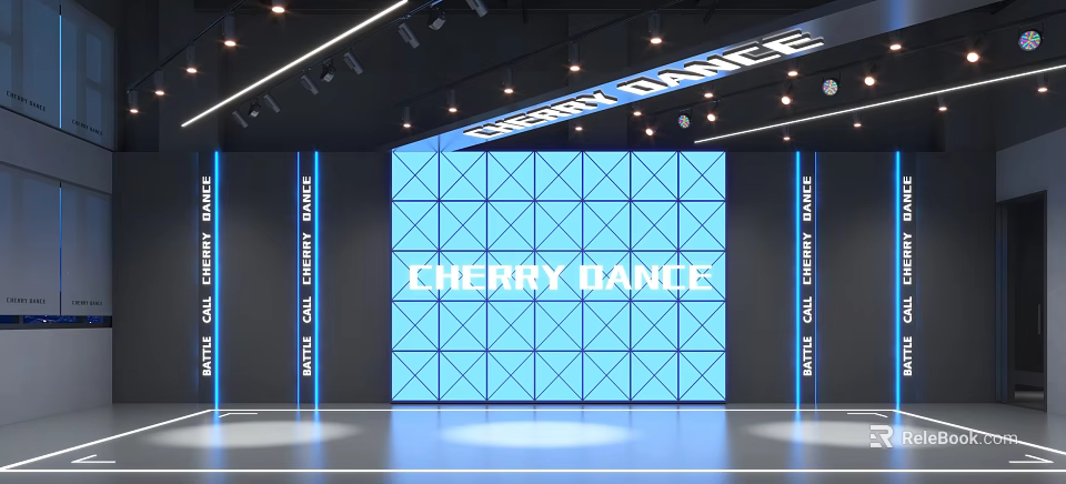 Cherry Dance Fitness Studio With Blue Grid Wall Black Sides And Ceiling Lights 3d model 