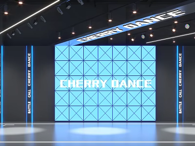 Cherry Dance Fitness Studio With Blue Grid Wall Black Sides And Ceiling Lights 3d model