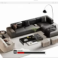 Modern Black L-shaped Sofa and Coffee Table Set with Floor Lamp and Throw Pillows
