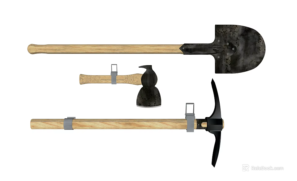 Essential Hardware Tools Including Shovel Axe And Pickaxe With Wooden Handles 3d model 