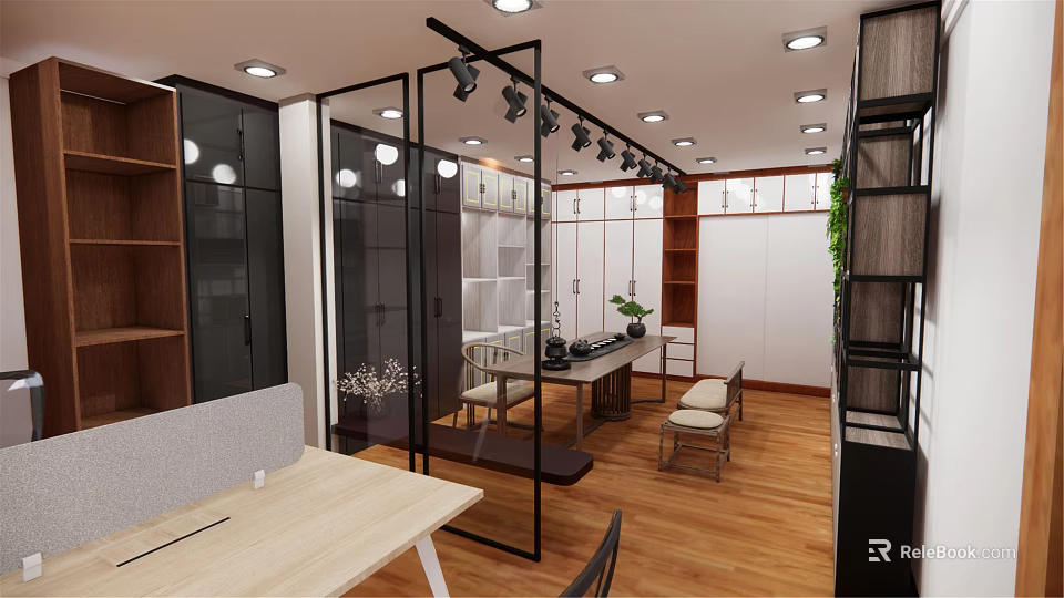 Modern Furniture Store Interior With Open Space Wooden Flooring Glass Partitions And Display Shelves 3d model 