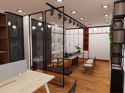 Modern Furniture Store Interior With Open Space Wooden Flooring Glass Partitions And Display Shelves 3d model