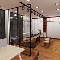 Modern Furniture Store Interior With Open Space Wooden Flooring Glass Partitions And Display Shelves