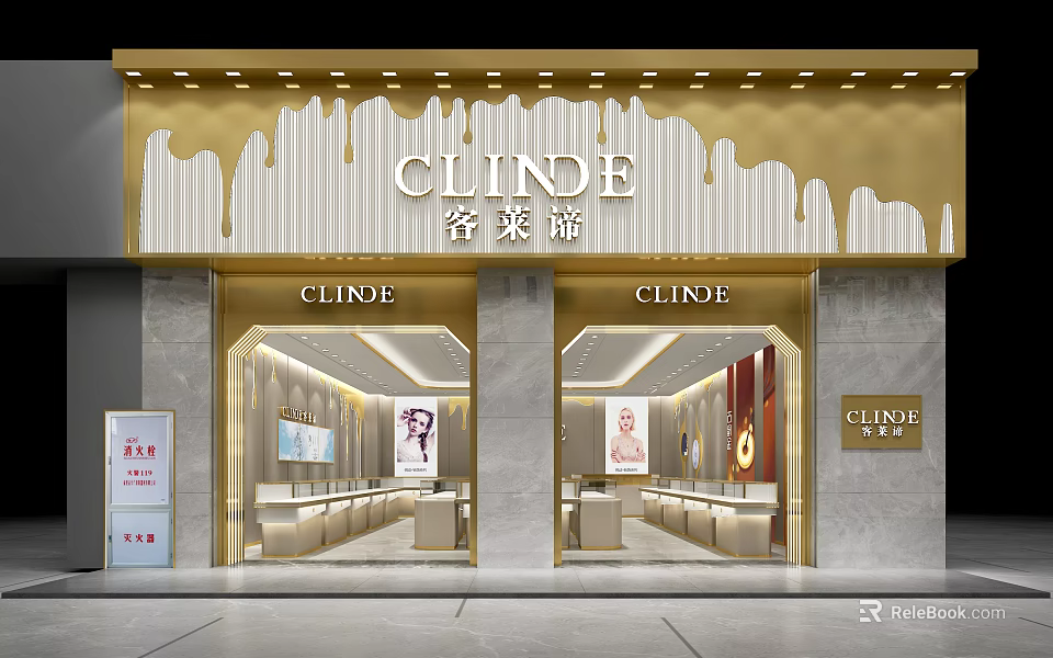 Luxury Jewelry Store Exterior Design With Golden Facade And Elegant Glass Display Cases 3d model 