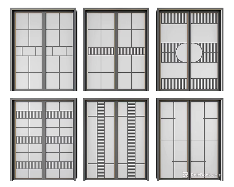 Modern Sliding Doors with Various Grid Patterns and Decorative Interior Designs 3d model