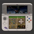 White Open Handheld Gaming Console With Dual Screens Showing Action Game Scenes And Control Buttons