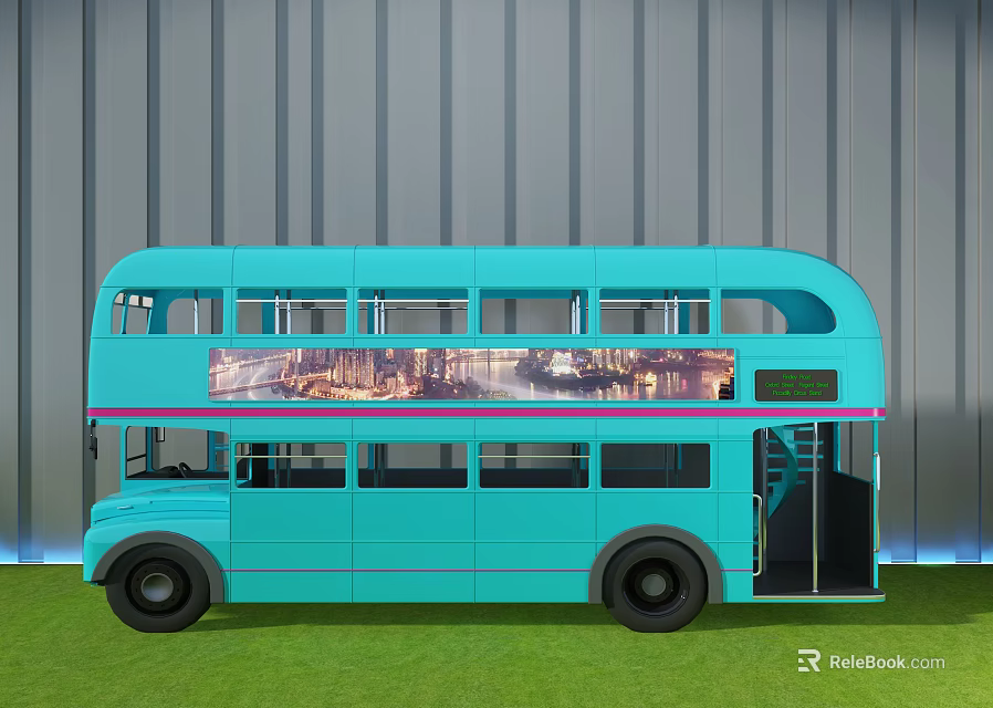 Blue Double Decker Bus Parked On Green Grass With Gray Wall Background 3d model