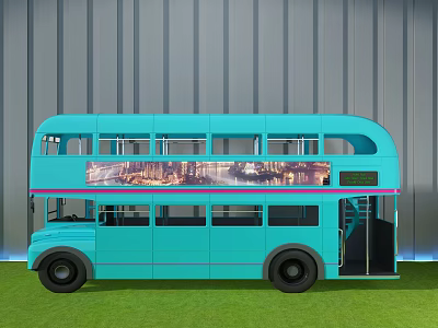 Blue Double Decker Bus Parked On Green Grass With Gray Wall Background 3d model