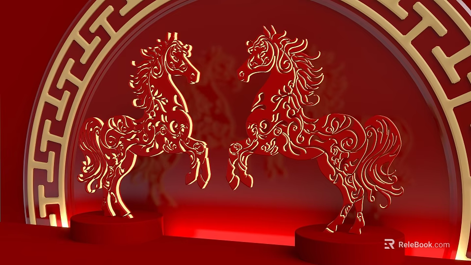 Commercial Outdoor Space Featuring Red Background Golden Horse Sculptures Chinese Patterns And Arch Design 3d model 